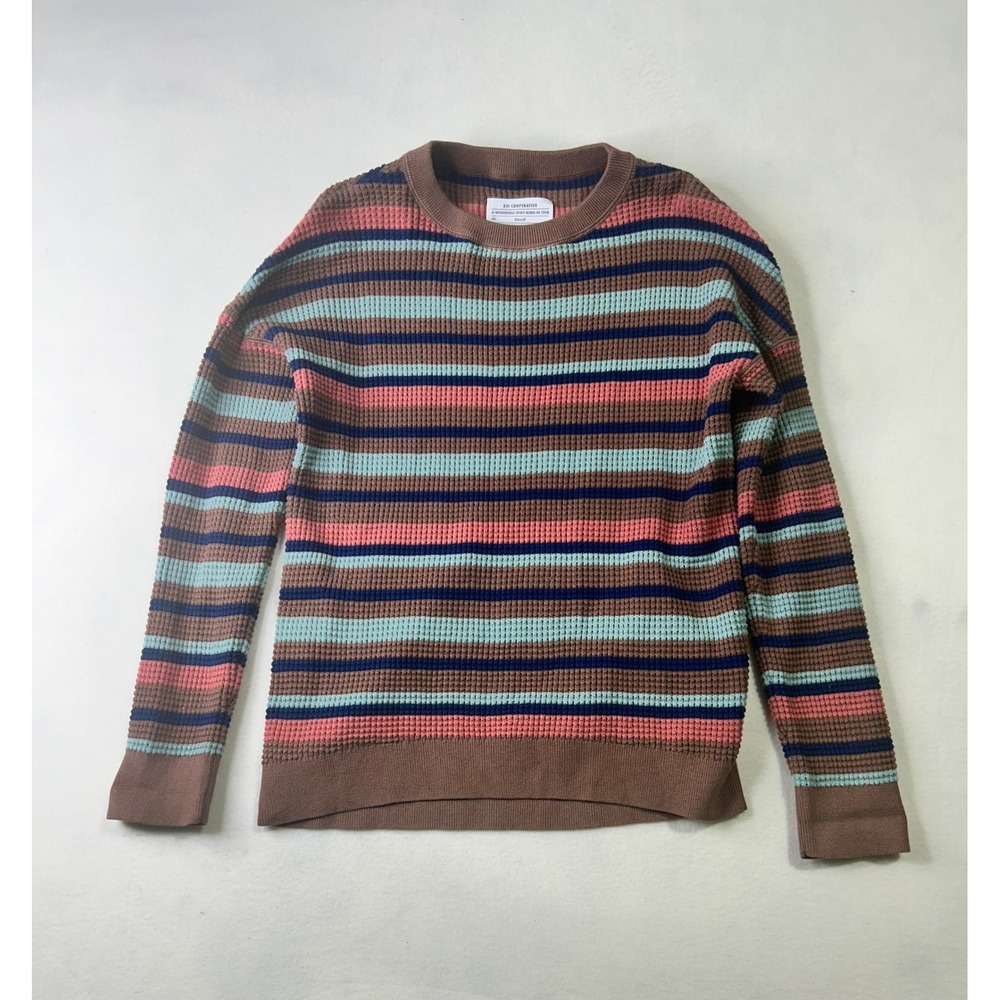 REI Co-op Waffle Knit Striped Sweater Mens XSmall Brown‎ Blue Pink Crewneck